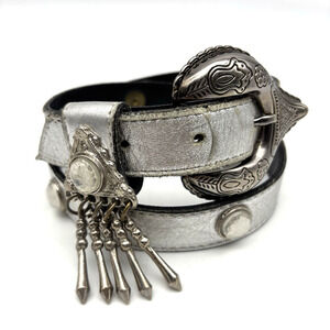 Vintage 80s 90s LEATHEROCK Silver Leather Dangle Buckle Jeweled Waist Belt 25-29